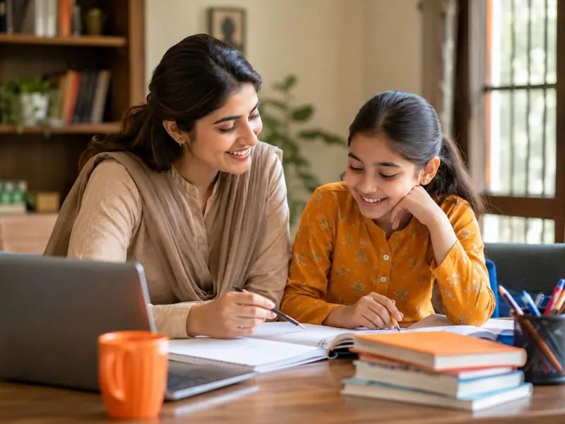 A home tutor in Pakistan helping a young student with her schoolwork