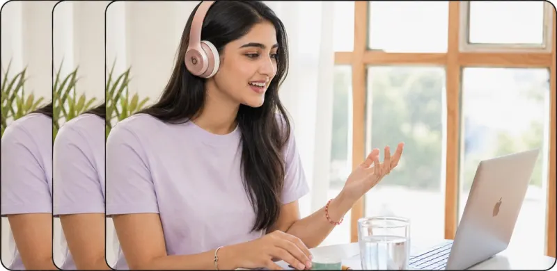 A student with headphones making progress in her online lessons