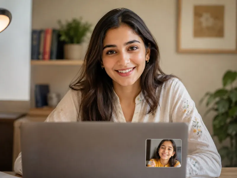 A tutor teaching an online lesson with her student on screen