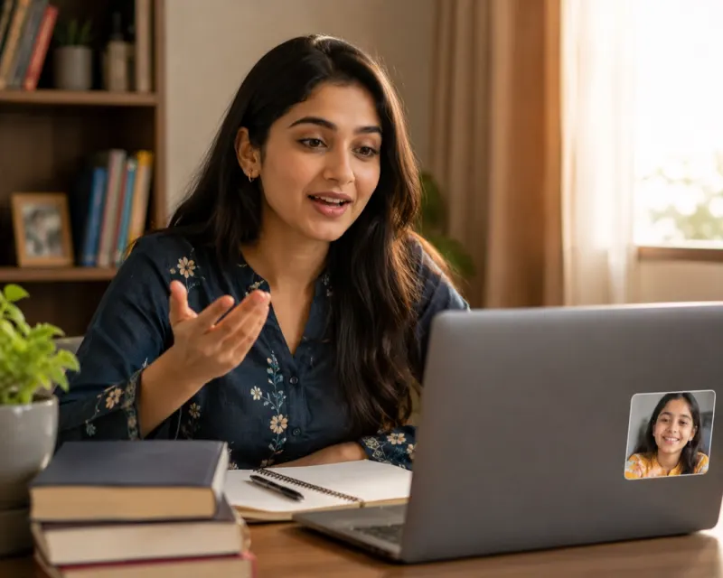 A tutor in Pakistan teaching an online lesson with her student on screen