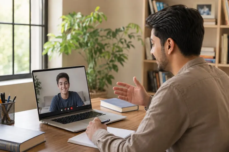 A tutor teaching an online lesson, with his student on the laptop screen