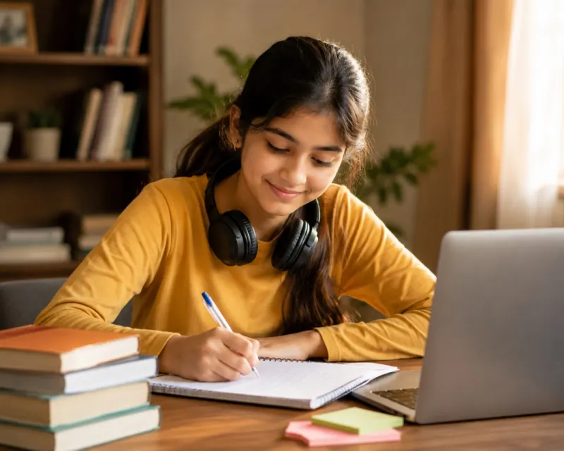 A student in Pakistan studying with notes and a laptop