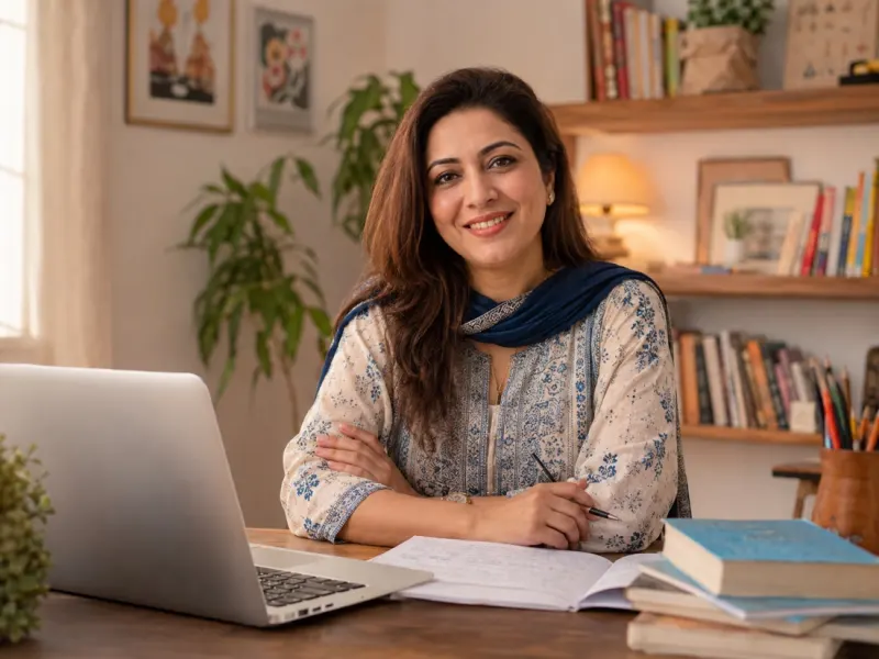 A tutor in Pakistan at her desk, ready to teach